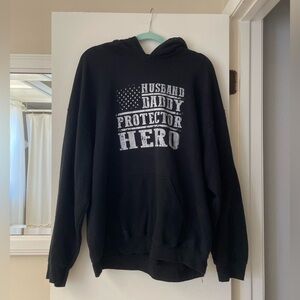 Gildan Black Hoodie with 'Husband Daddy Protector Hero' White Graphic